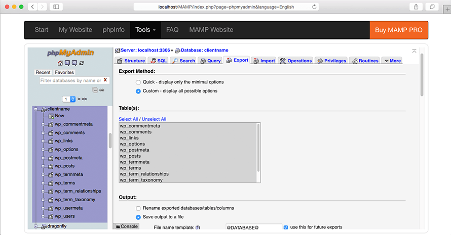 Wordpress website migration phpMyAdmin Export DB