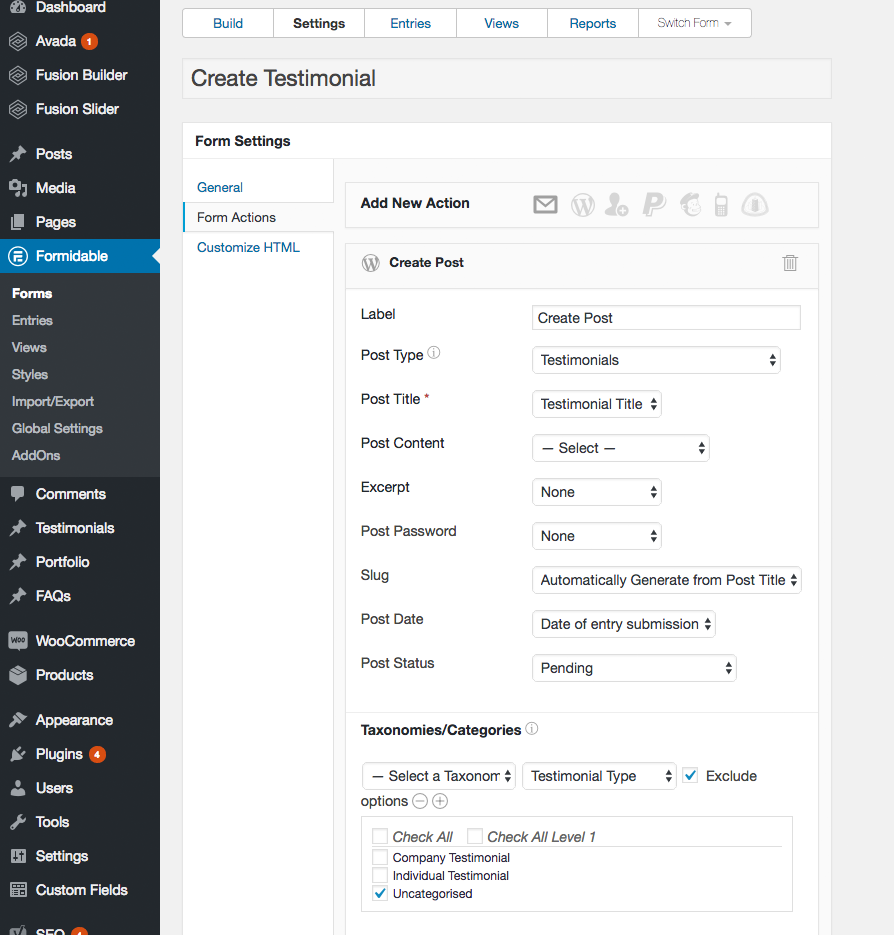 FMP testimonial form actions