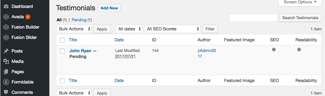 Testimonials dashboard list pending