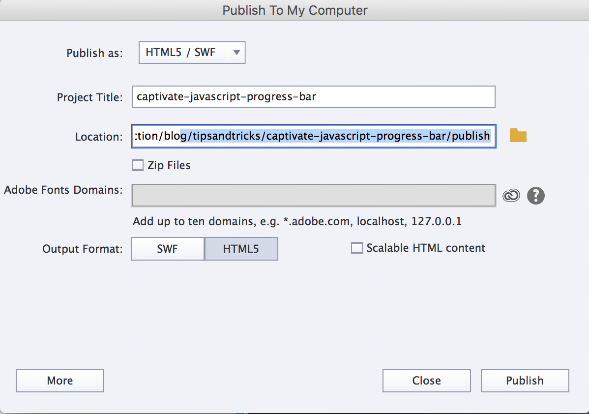 Captivate Progress bar publish settings Captivate Progress bar publish settings